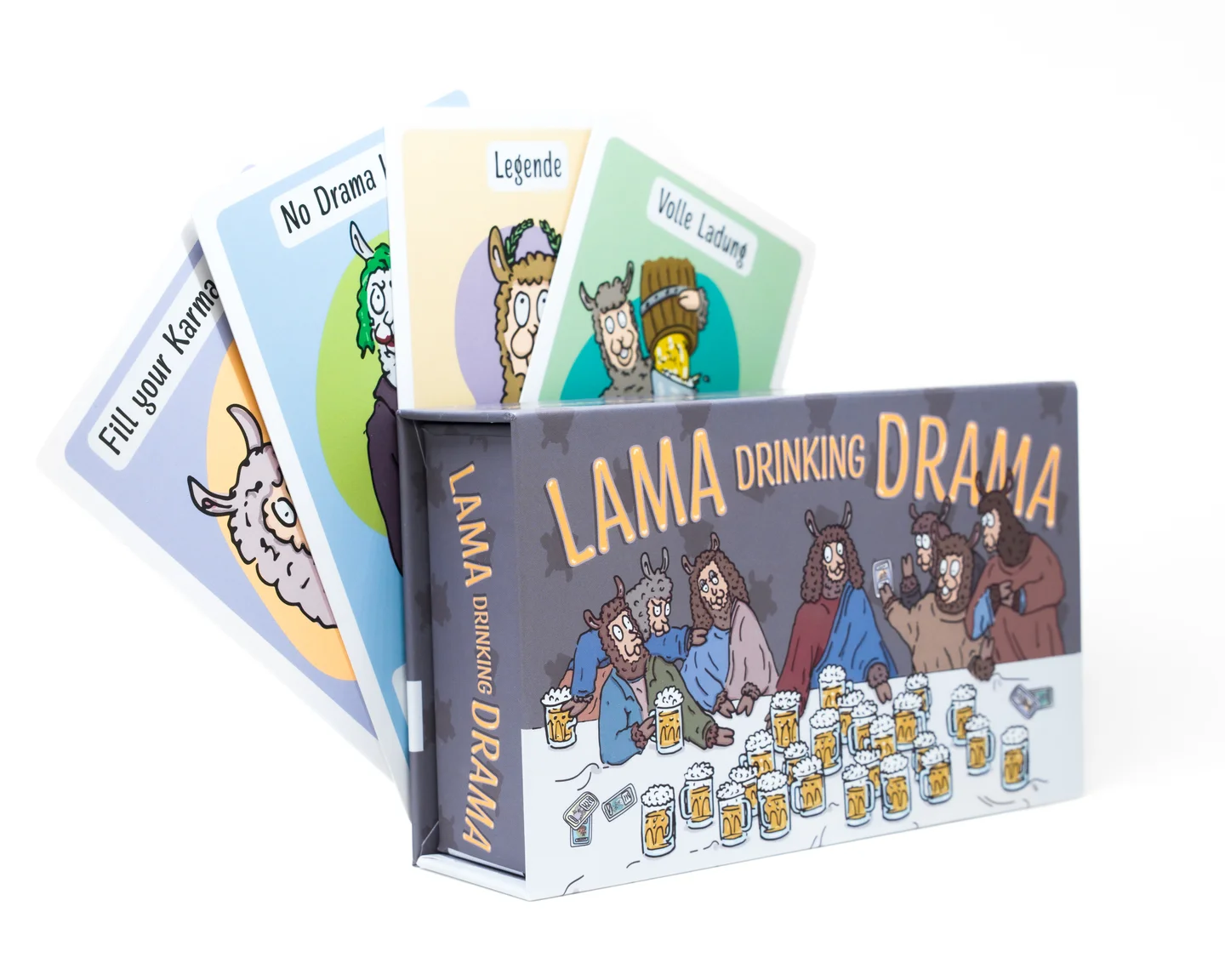 Lama Drinking Drama Magnetbox mit vier aufgefächerten Spielkarten