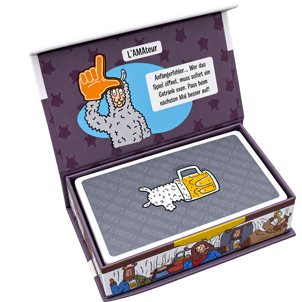 Geöffnete Magnetbox mit den handillustrierten Spielkarten